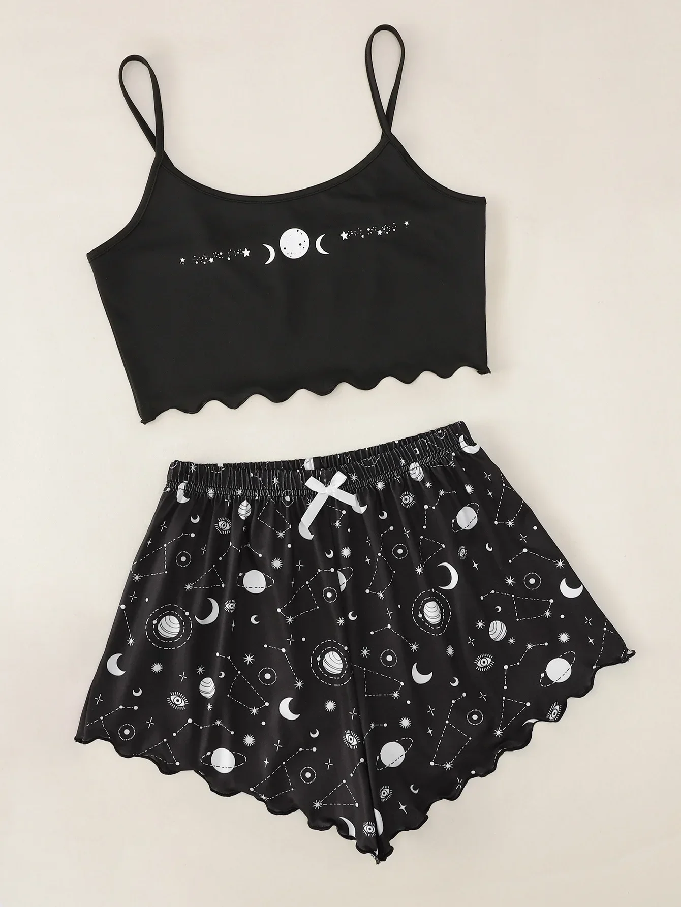 

Summer Sleepwear for Women Pajamas Set Star Moon Printed Sleeveless Sling Crop Tops and Shorts Set Homewear Loungewear Pijama