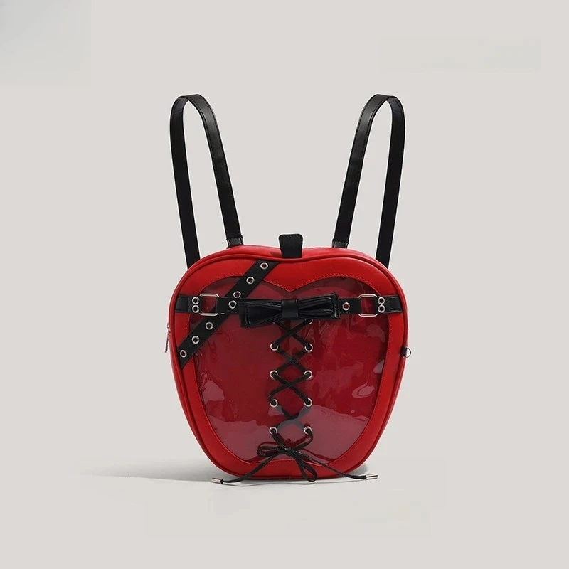 Red Apple-Shaped Mini Backpack Corset-Style Lace-Up Transparent Glossy PVC Unique Trendy Niche Fashion Statement Bag