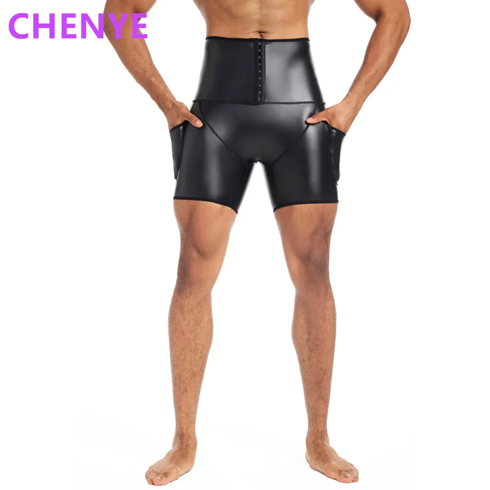 

Mens Fitness Stretch Leather Pants Body Shapers Waist Trainer High Waist Abdomen 3 Hooks Compression Leather Shorts with Pockets