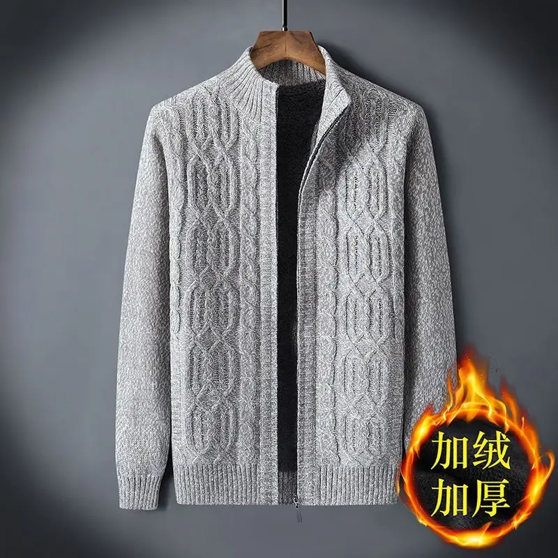 الشتاء الصوف مبطن سميكة الرجال سترة معطف فضفاض حجم كبير نصف الياقة المدورة محبوك سترة دافئة مضفر الرجعية سترة #3