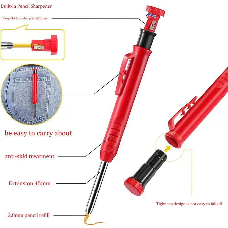 Metal Solid Carpenter Pencil Set For Deep Hole Marker With Refill Leads Marking Tool Woodworking Deep Hole Mechanical Pencils