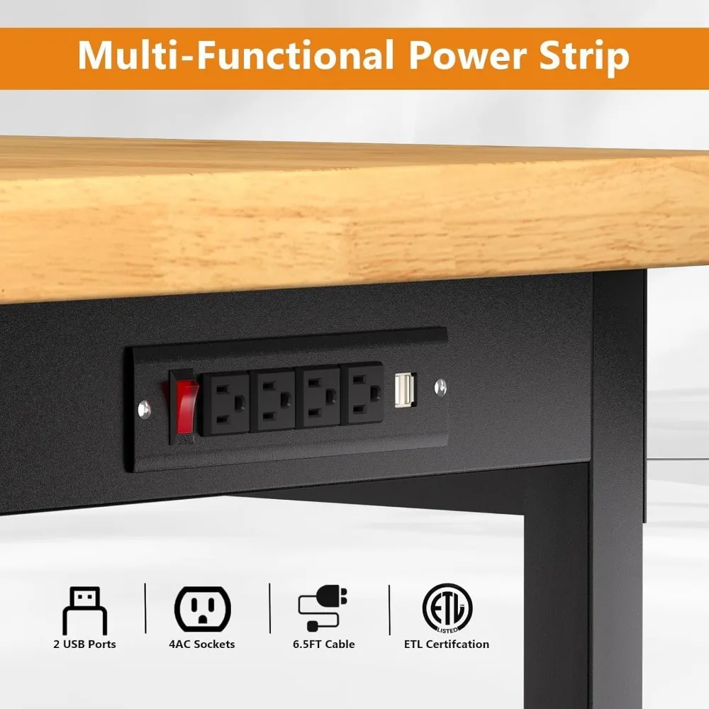 Heavy-Duty Adjustable Height Solid Wood Workbench with Wheels and Power Outlets, 2000 LB Capacity for Industrial Use