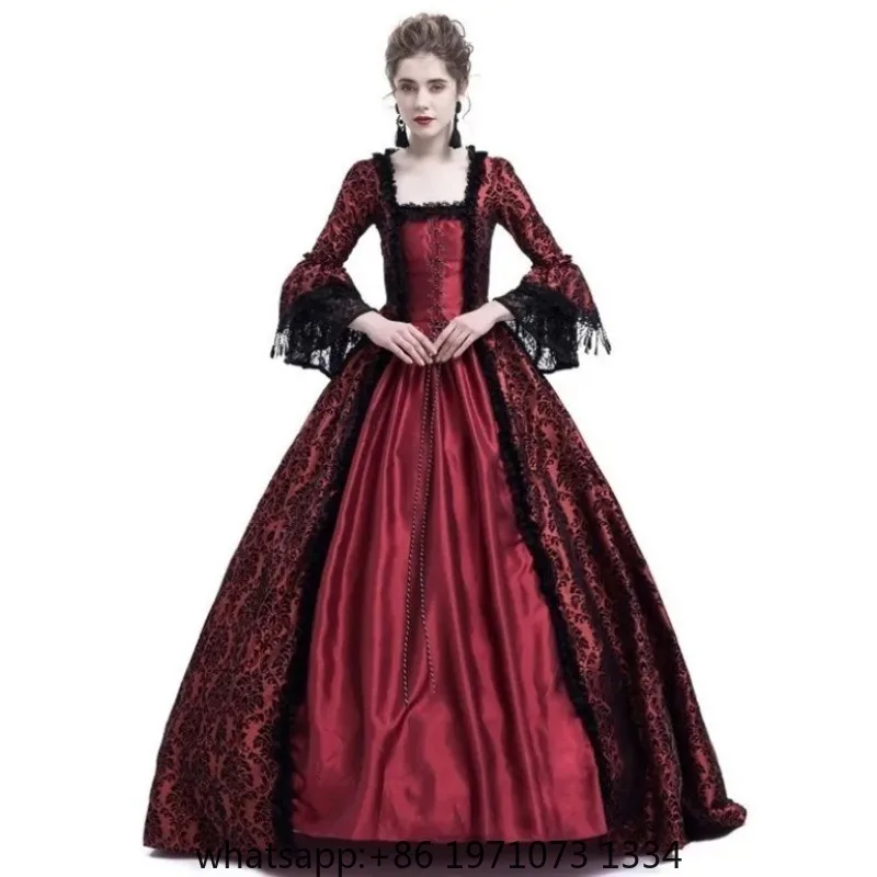 Women Medieval Flocking Dress Victorian Court Cosplay Costume Renaissance Princess Rococo Halloween Performance Outfit