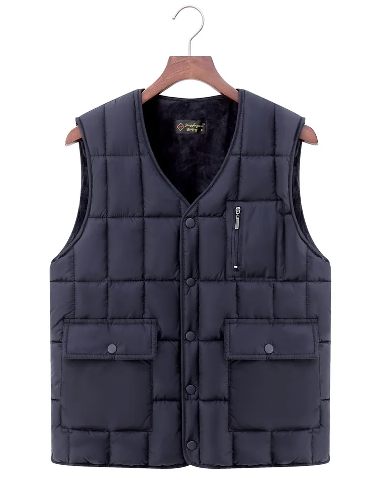 

2024 Men Autumn Winter New Multi-pocket Down Cotton Vest Men's Thicken Warm Sleeveless Coats Male V-neck Solid Waistcoat G361