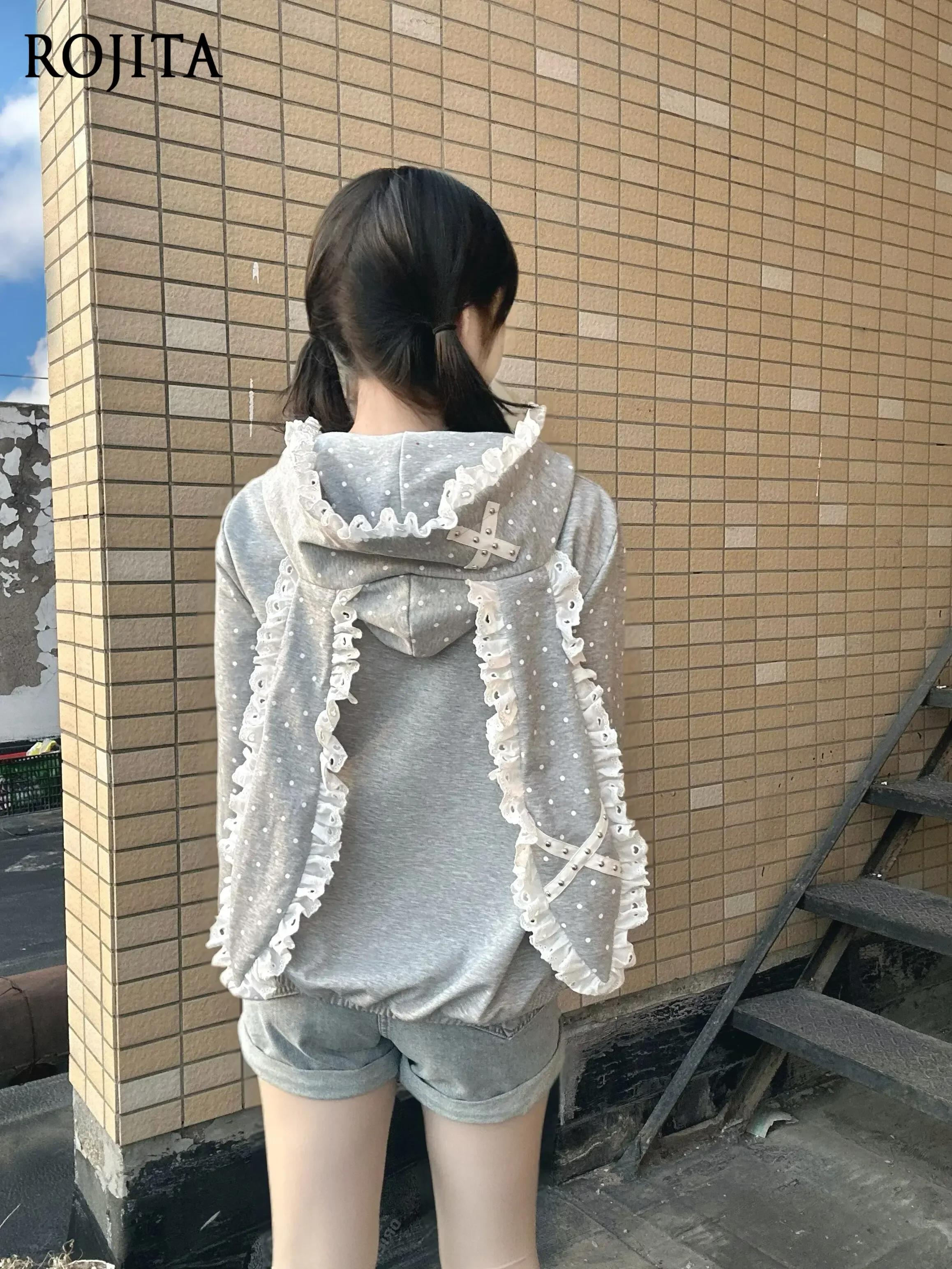 Spring and Autumn Casual Cute Embroidered Polka Dot Lace Rabbit Ears Hooded Cardigan Sweatshirt Loose Jacket Kawaii Clothes