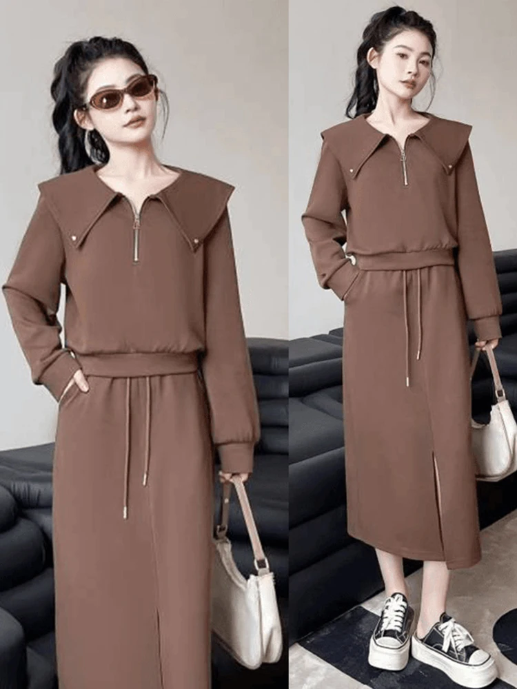 

Faionable Casual Sweatirt Set Women's Spring New Loose High Waist Slit Midi Skirt Two Piece Set Long Sve Button Closure