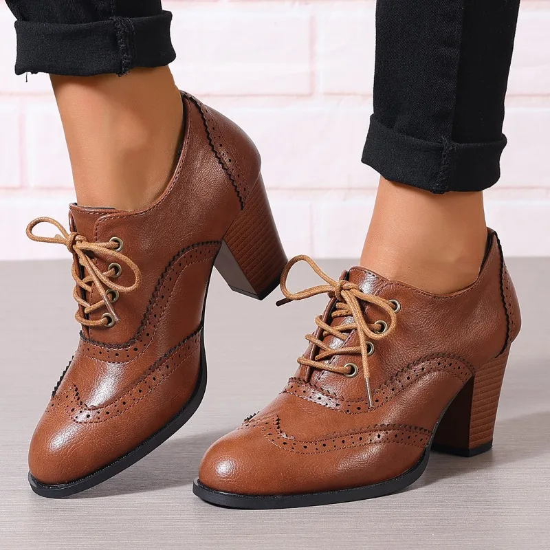 Women ankle boots High Chunky Heels fashion Pumps Green Grey Round Toe  Dress Office Lady Oxford Retro women shoes Lace Up Derby