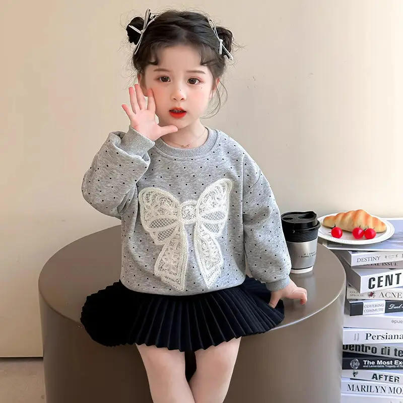 Toddler Baby Girl Big Lace Bow Sweatshirt Casual Infant Cotton Loose Dot Pullover Children Round Neck Long Sleeve Top Clothes