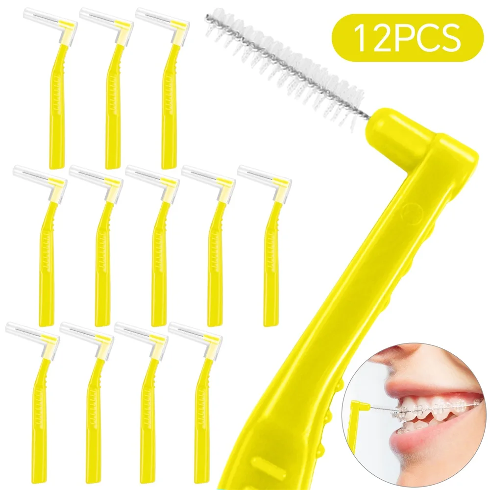 12x L Shape 0.7-1.2mm Interdental Brushes Oblique Angles for Cleaning Teeth & Braces, Oral Care Toothpick, Orthodontic Flossers