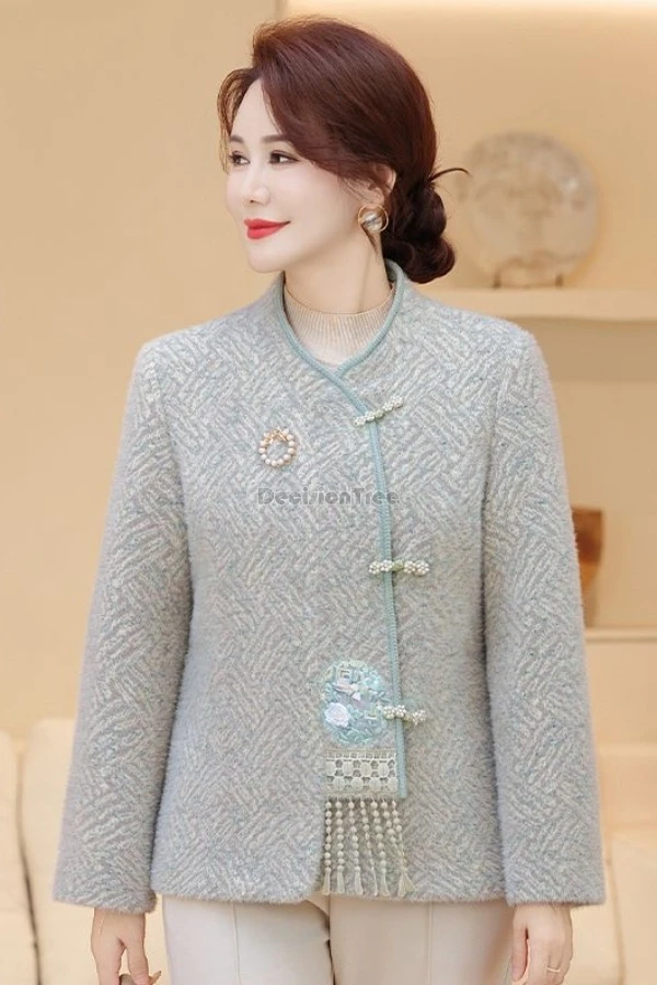 

2025 new chinese improved retro fashion style woolen long sleeve tang suit blouse thicked elegant cheognsam button daily coat
