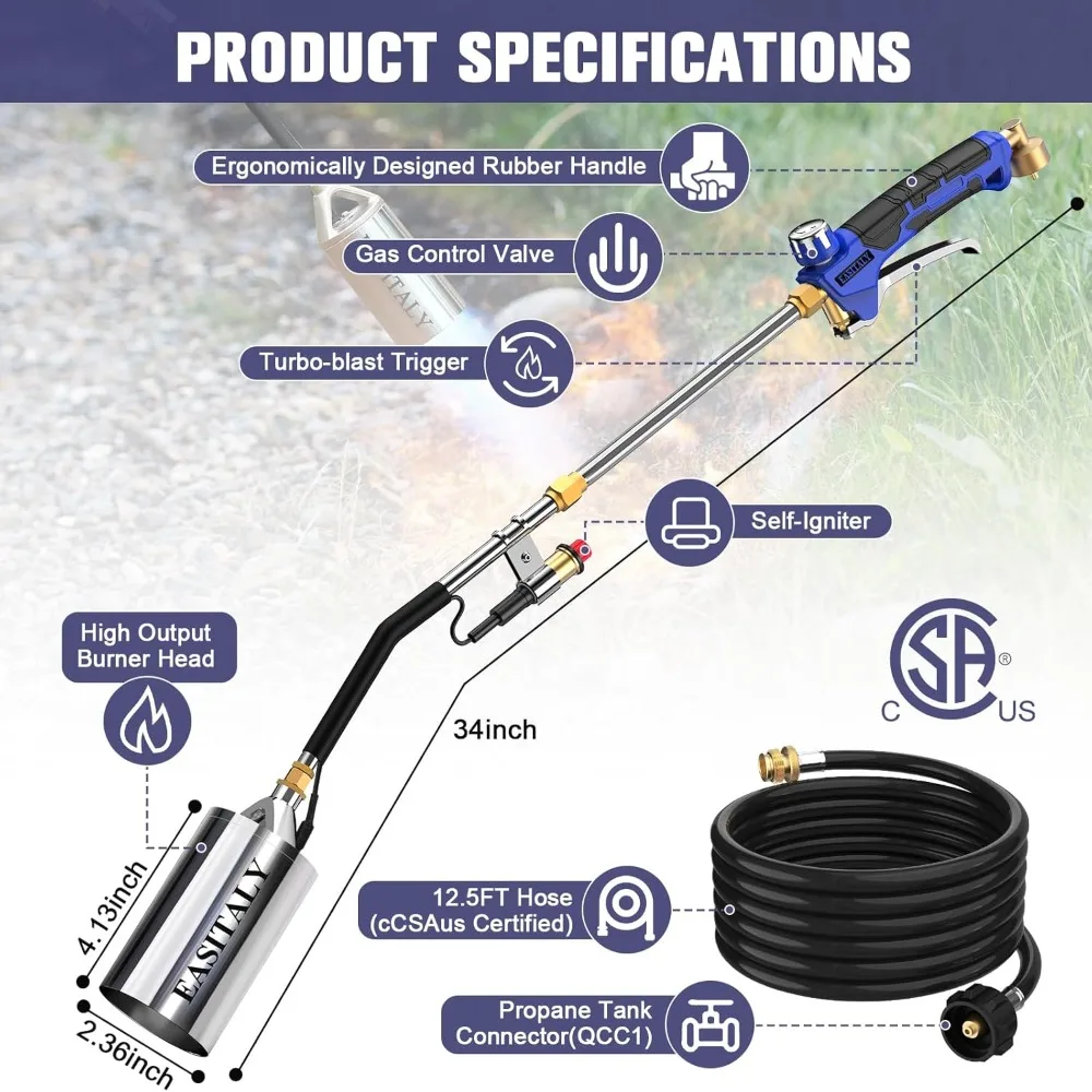 US Shipping Propane Torch Weed Burner Kit High Output 12.5FT Hose Heavy Duty Blow Torch Flamethrower Long Short Mode for