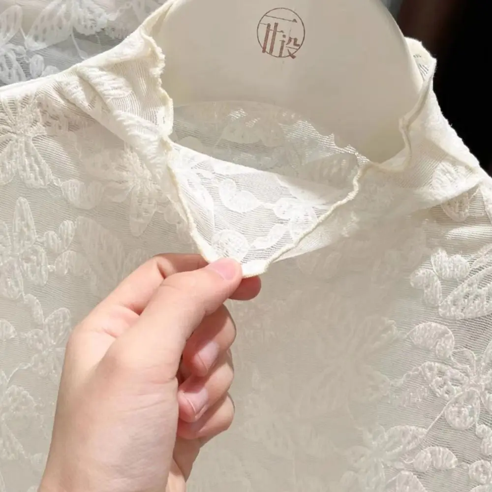 Butterfly Embroidery Lace Base Shirt Half High Collar Lace Tulle Long Sleeve Shirt Slim Fit Long Sleeve Embroidery Tulle Top