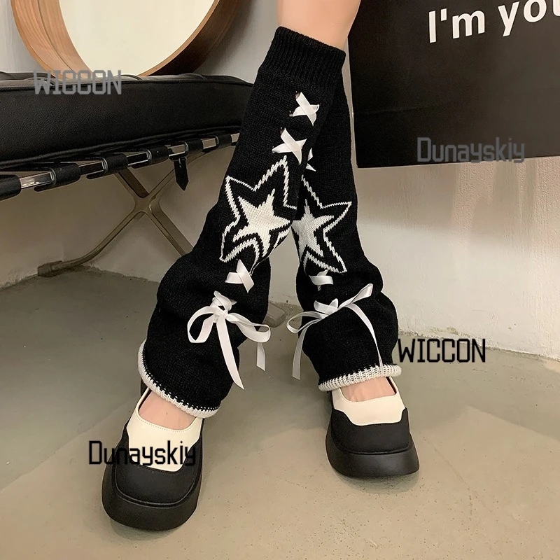 Y2K Star Print Leg Warmers - Black/White/Pink Kawaii Socks for JK Lolita Fashion Adjustable Ribbon Tie Christmas Halloween Gift