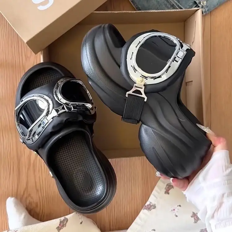 Premium punk style design platform slippers women's 2026 summer height-increasing slippers
