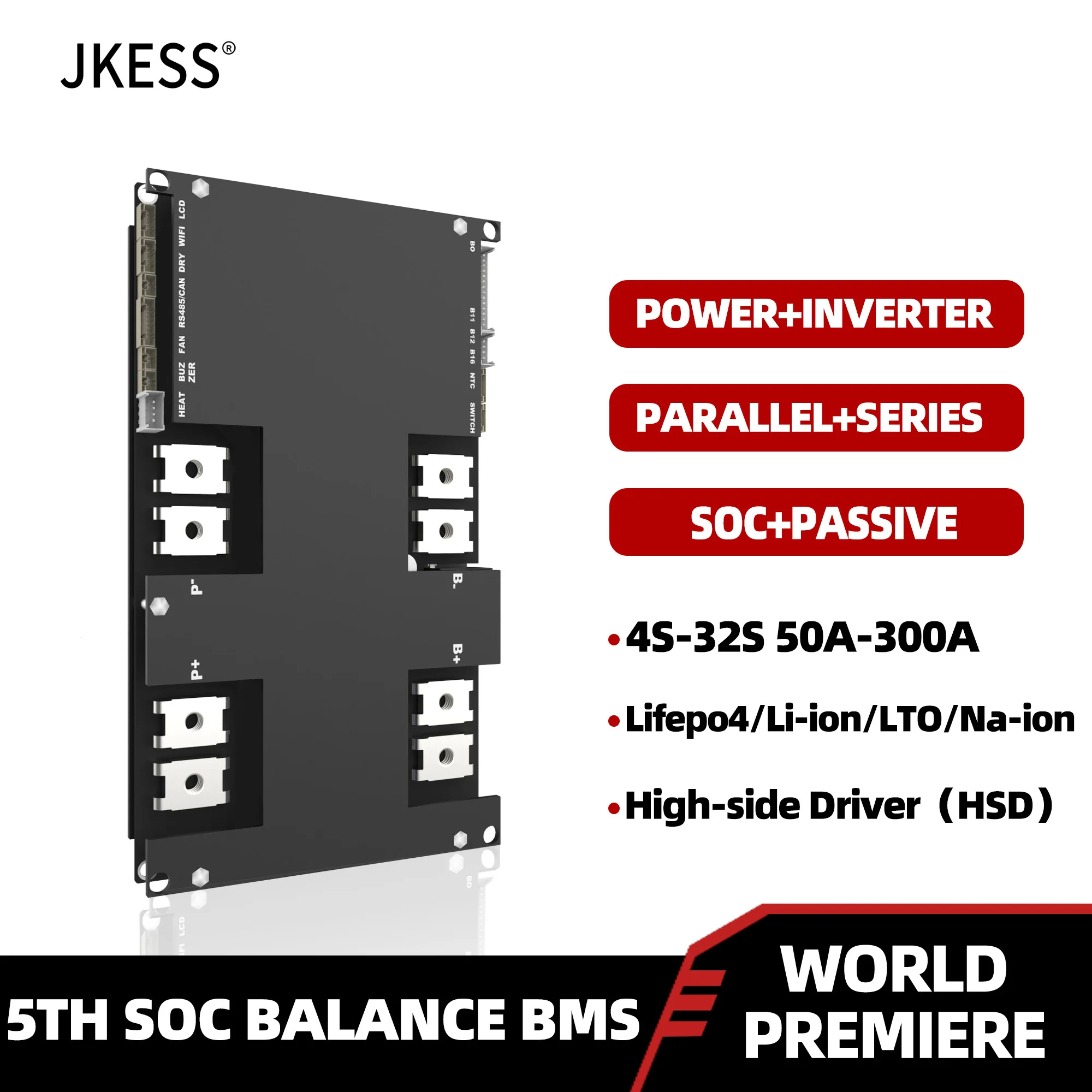 JKESS Soc Balance BMS 4S 8S 50A 100A 150A 200A 300A 12V 24V Lifepo4 LTO Li-ion BMS Parallel Series RS485 HEAT CAN for Home Solar