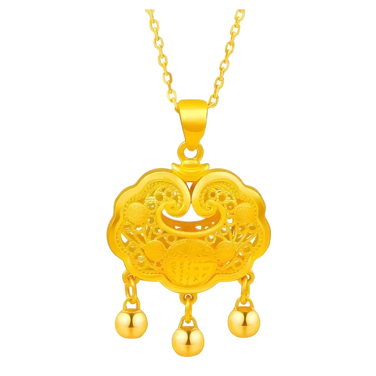 

Gold Tone Jewelry Hollow Fu Character Long Life Lock Necklace For Kids Vintage Traditional Baby Safety Lock Pendant Lucky Charm