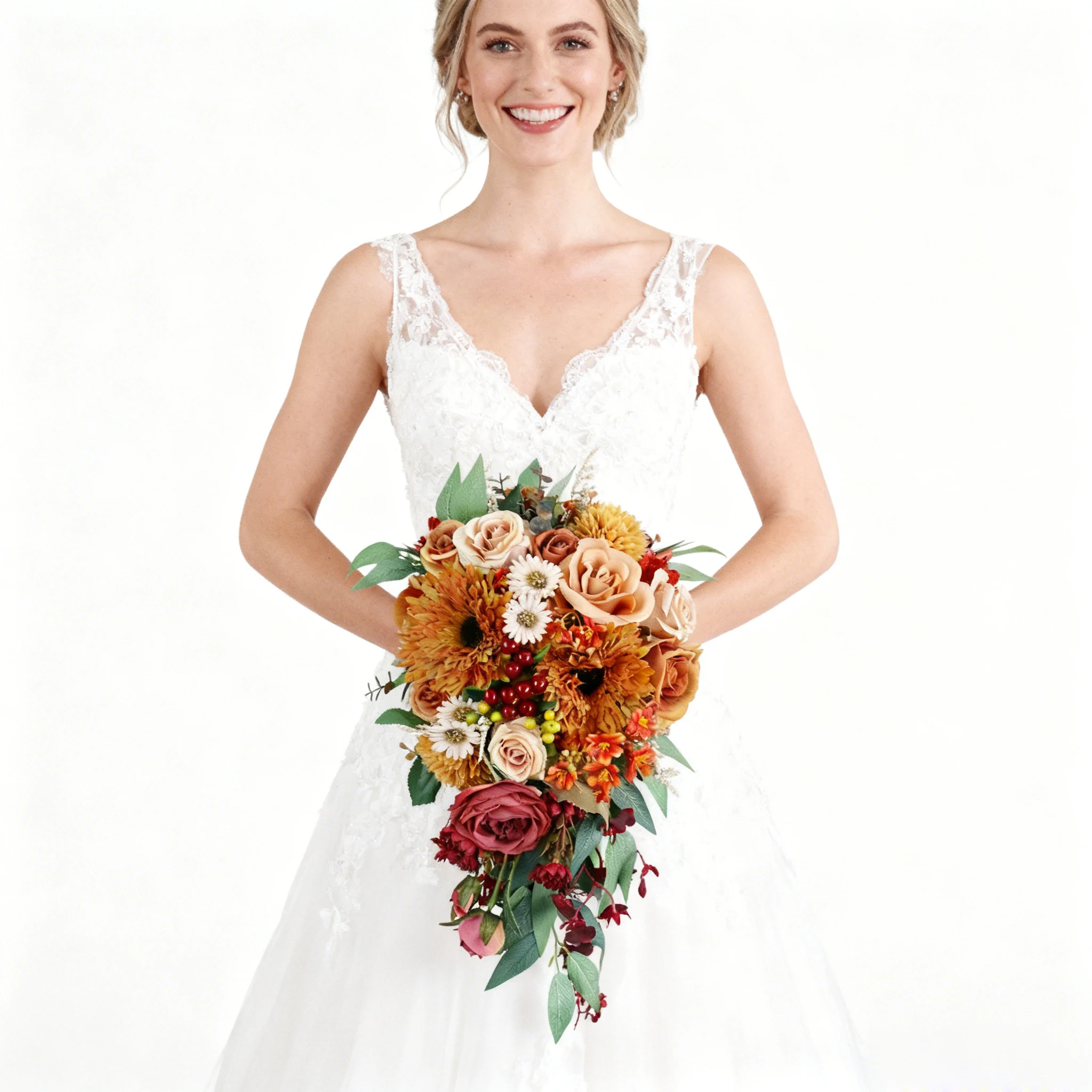 

Orange Wedding Bridal Bouquet, Bride Artificial Rose Flowers with Ribbons, Bridesmaid Fake Flower
