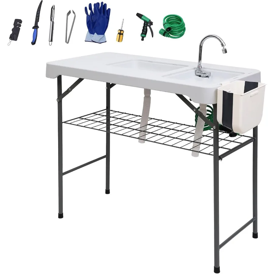 طاولة تنظيف الأسماك مع حوض وصنبور عالمي مزدوج للتخييم والنزهات الخارجية: محطة تسخين الأسماك المحمولة مقاس 42.5 بوصة F
