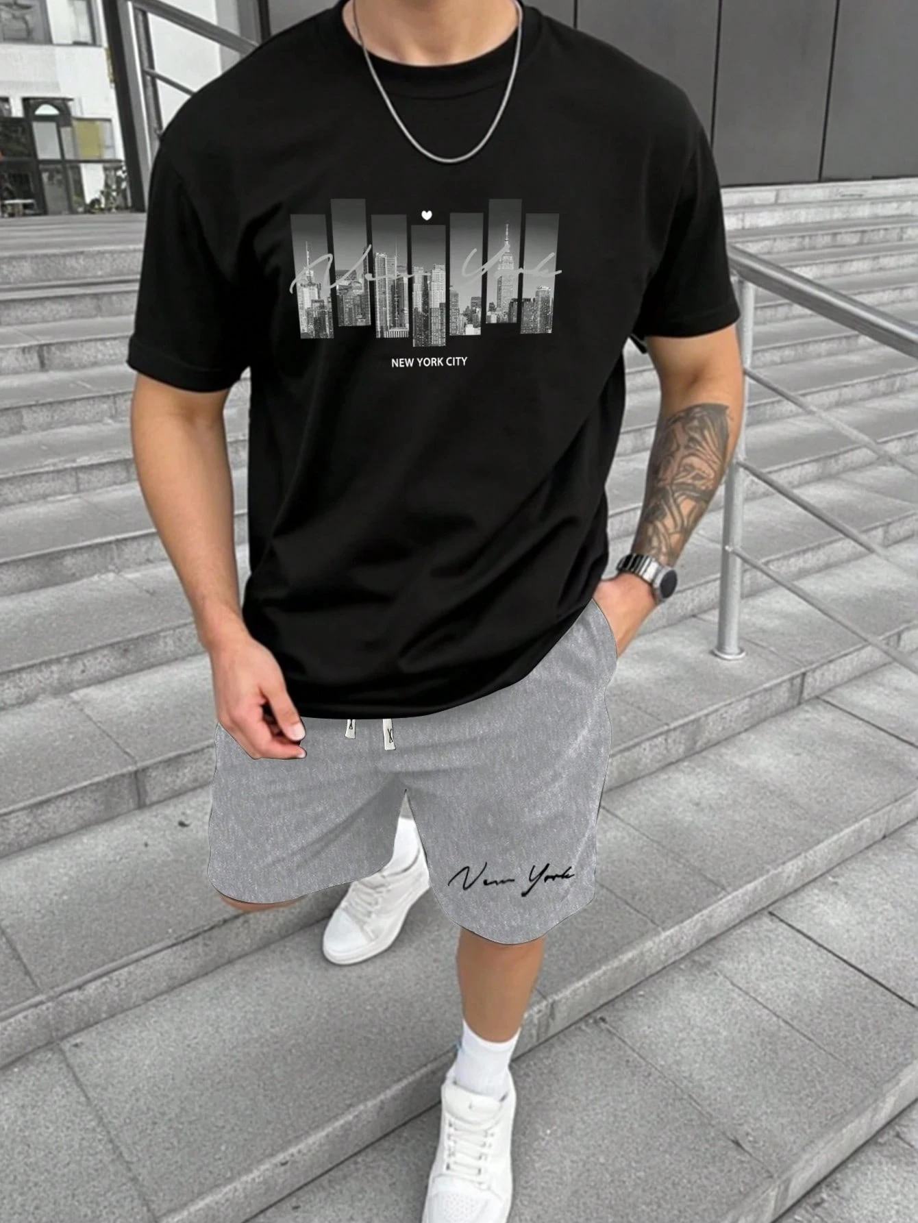 2026 New Men's Letter-Print Round-neck Short-Sleeved Casual T-Shirt and Drawstring Belt Shorts Set Men's 2-Piece Shorts Set
