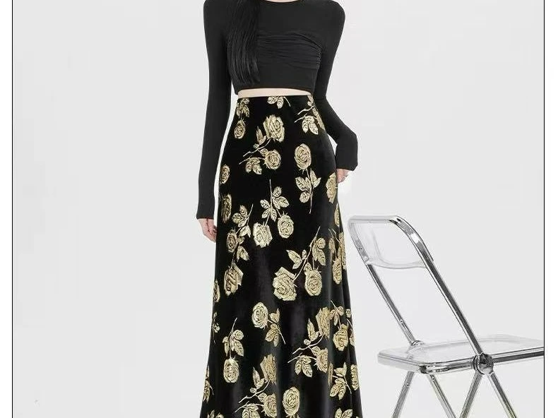 

Осень 2023, новая юбка средней длины с цветочным принтом для женщин, юбка средней длины, юбка с высокой талией