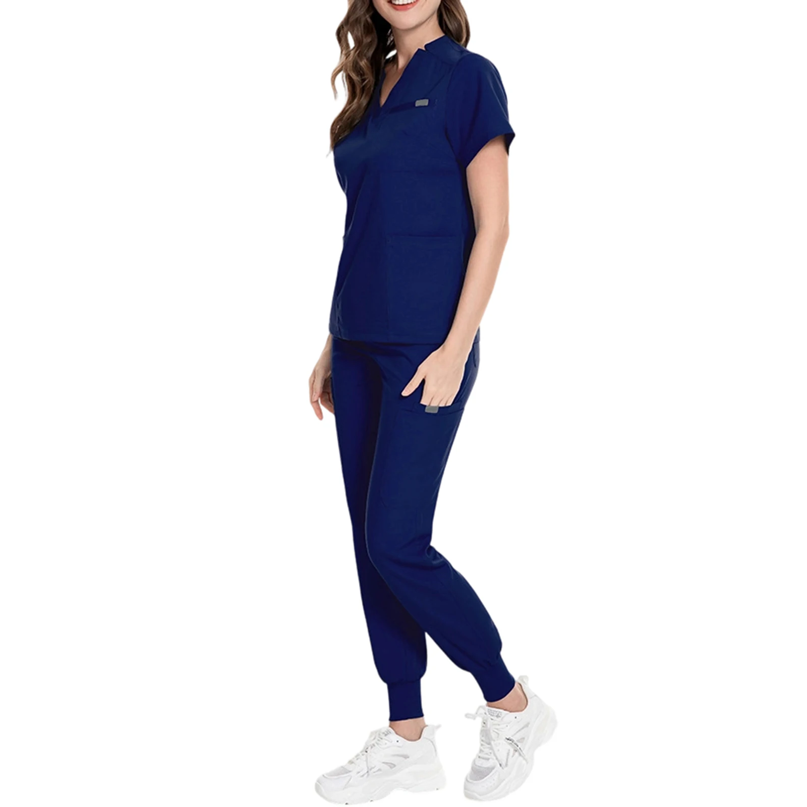 Conjunto de enfermeira feminina com decote em v manga curta multi-cor multi-bolso jogger calças uniforme médico roupas de trabalho de saúde