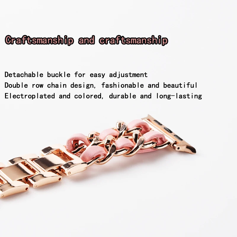 Double Row Metal Denim Chain Gold Wristband for Apple Watch Band 38 40 41 42 44 45 49 mm Strap Lady Metal Leather Bracelet