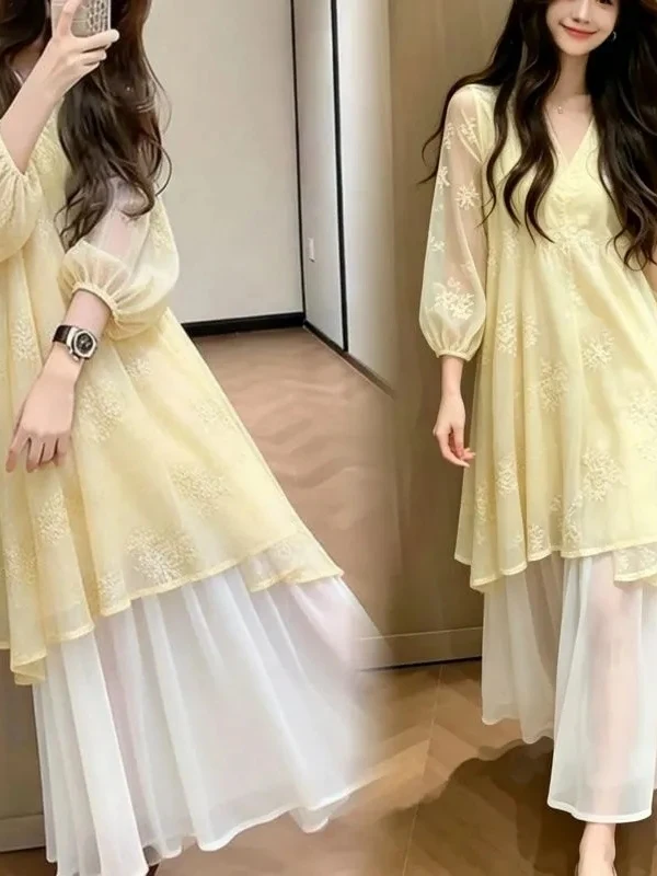 Summer New Style Small Size Gentle Age-Reducing Korean Version Dress Two-Piece Set Big Size Cover-Up V-Neck Long Sleeve Gown