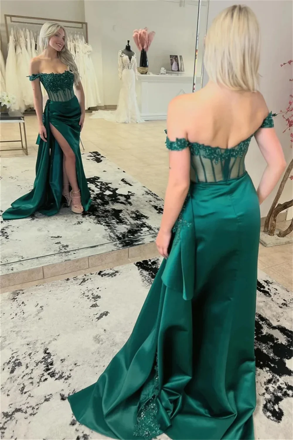 Sansa Green Lace Appliques Prom Dress Mermaid Satin Wedding Dresses Elegant Sleeveless Sexy Side High Split Vestidos De Fiesta