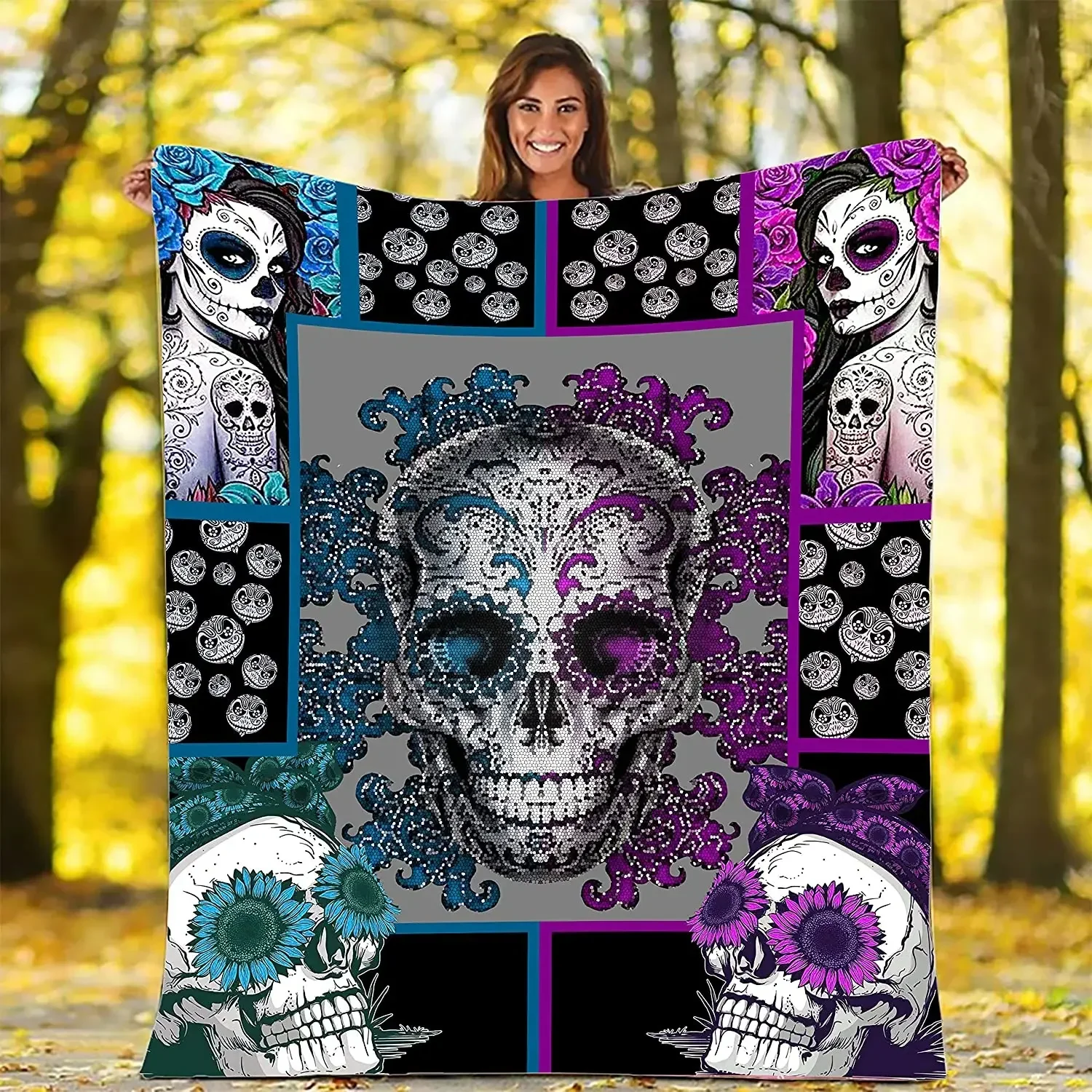 Purple Sugar Skull Gothic Flannel Fleece Throw Blanket Warm Soft Bed Couch Movie Watching Blanket Adults Blanket Seasons Custom