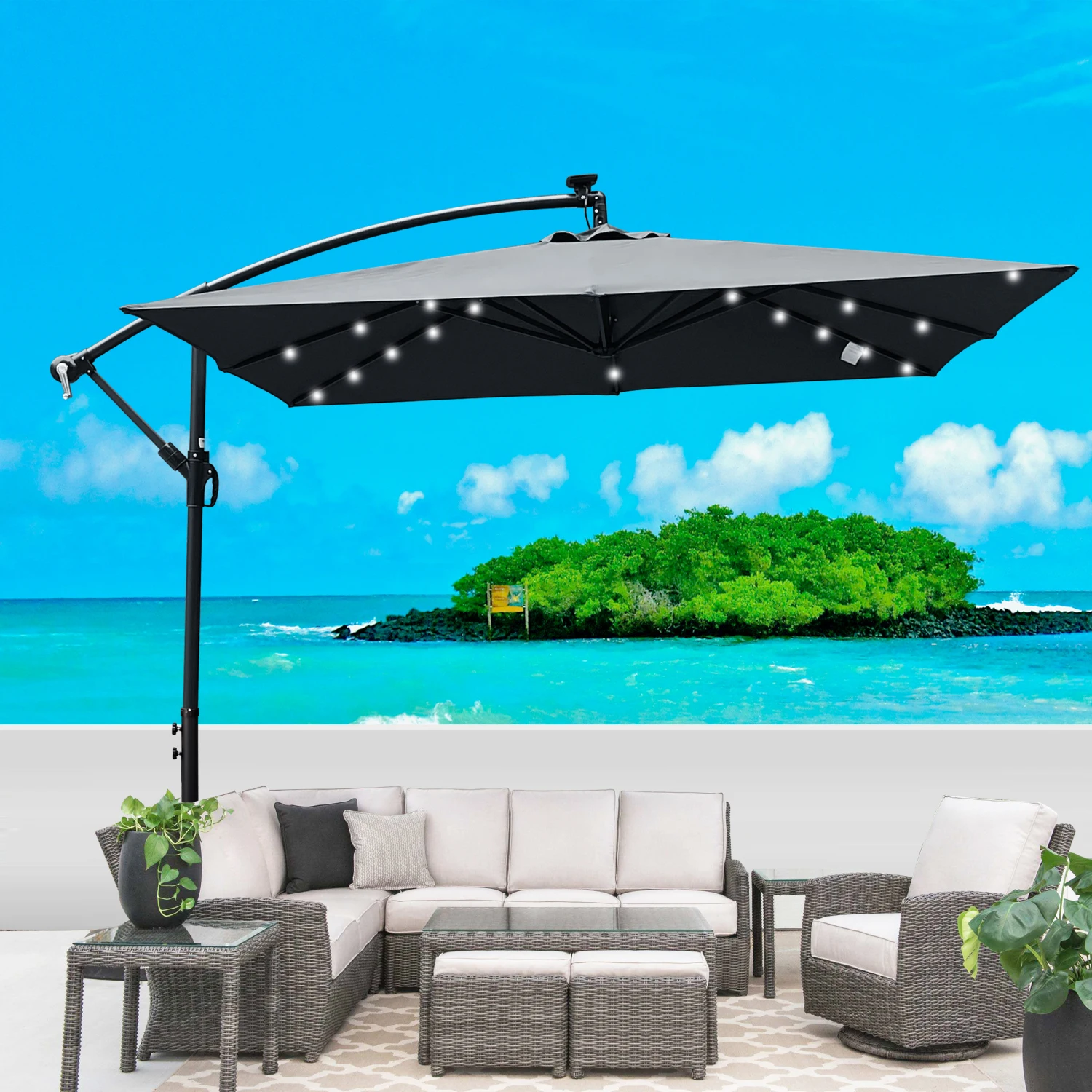 

Square 2.5M Solar Powered LED Patio Umbrella w/ Crank & Cross Base, Waterproof Market Umbrella for Garden Pool Shade