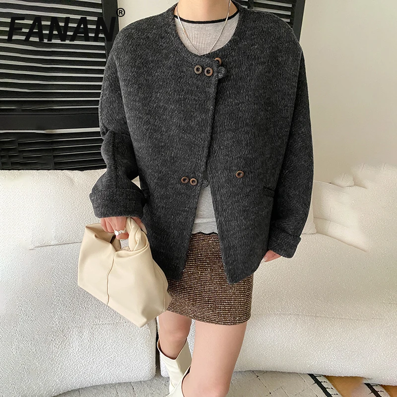

FANAN элегантные шерстяные пальто для женщин с круглым вырезом и длинными рукавами, двубортные теплые куртки, модные куртки, новинка зимы 2023 г.