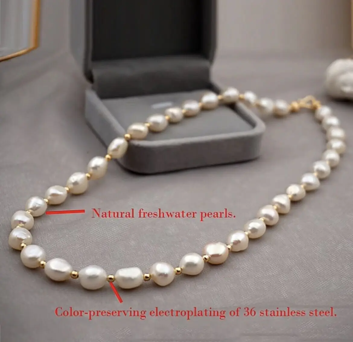 

New Natural 10mm White Baroque Freshwater Pearl Necklace 3mm Gold Steel Beads Choker Jewlery 17'' 43cm