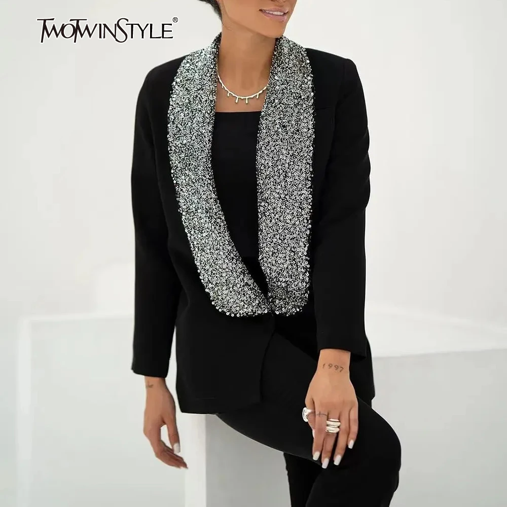 TWOTWINSTYLE Solid Spliced Diamonds Slimming Blazers for Women Shawl Collar Long Sleeve Minimalist Cot Female Fashion