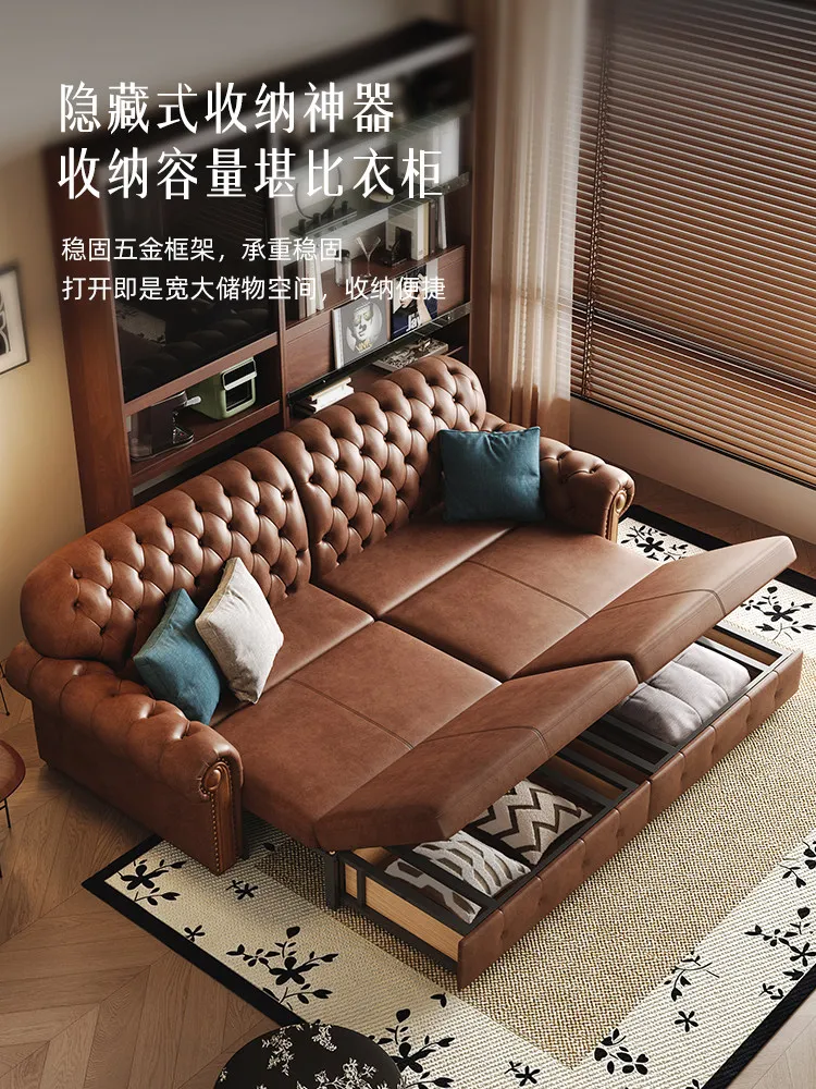 Beautiful vintage leather sofa bed dual-purpose foldable living room study American retro nostalgic sofa
