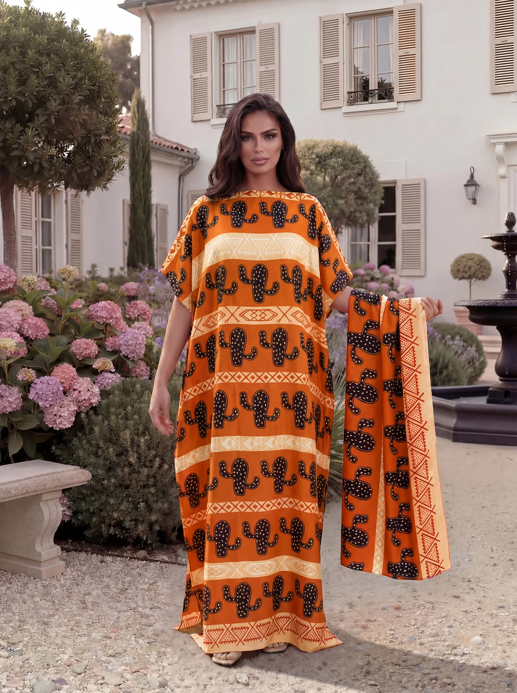 Boho Striped Cactus Print Satin Abaya & Scarf Set, Loose Batwing Maxi Kaftan for Muslim Women Summer Beach Holiday Daily Wear - view 3