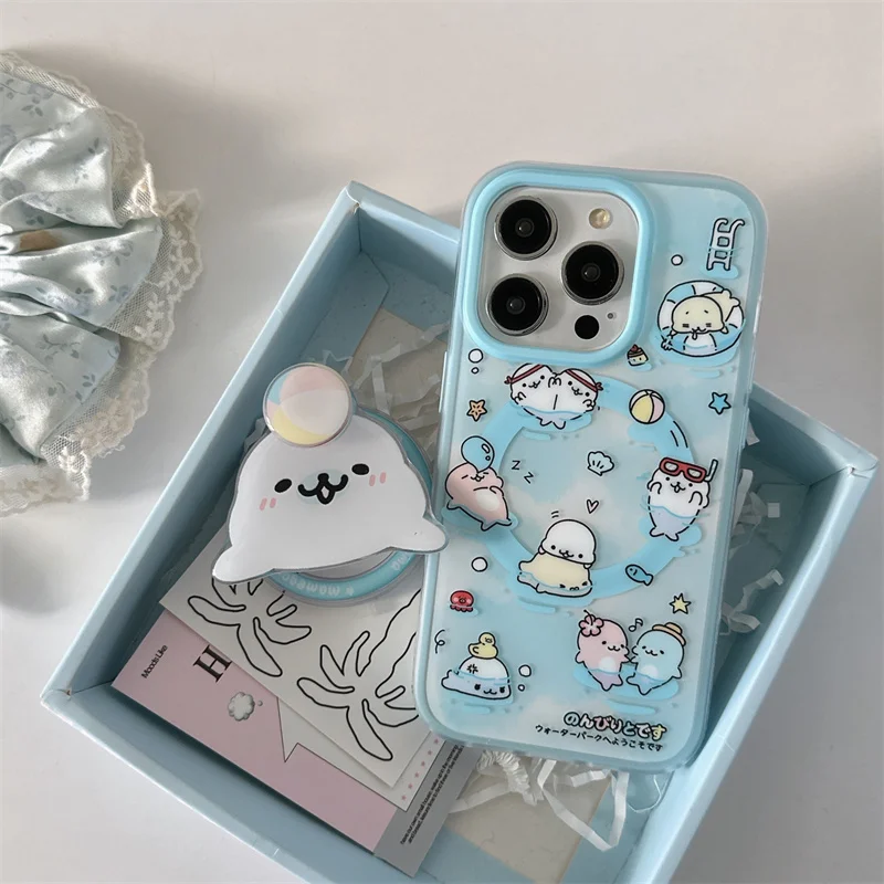 Kawaii Cartoon Little Dolphin Magnetic Stand Holder Phone Case For iPhone 16 Pro 15 14 Pro Max 15 Promax Cover Cases for Magsafe