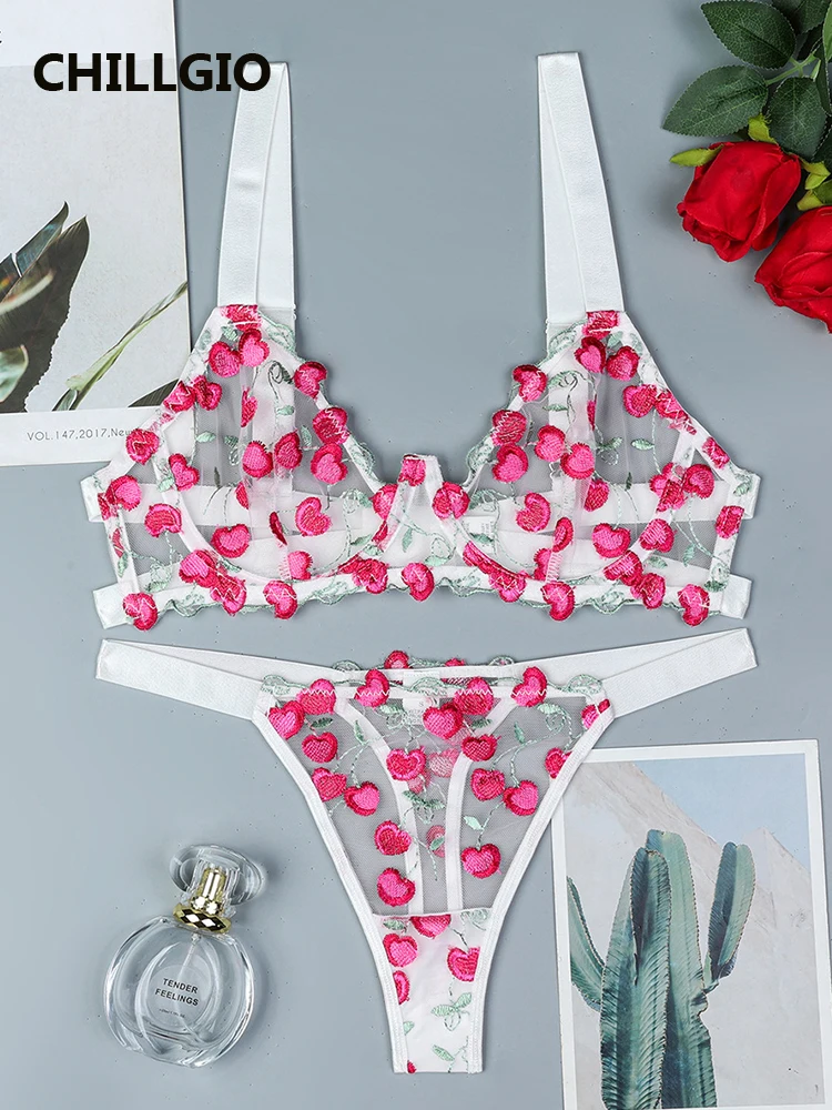 

CHILLGIO Women's Underwear Set Embroidery Cherry Sexy Female Underwear Lingerie Push Up Panties 2-piece Erotic Costumes Cute Bra