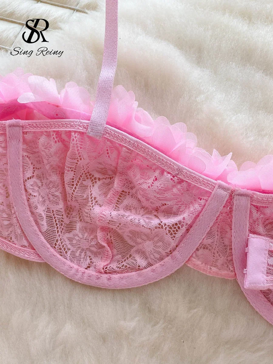 SINGREINY 2024 Sensual Mesh Lace Lingerie Three Pieces Sets Women Floral Strap Mini Bra+Thongs Hollow Out Sexy Underwear Suits