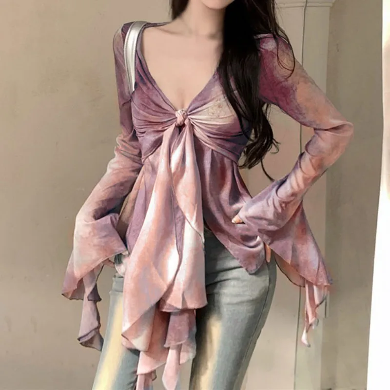 Women's Sexy V-neck Long Seeves Flared Sleeves Chiffon Tops Shirts