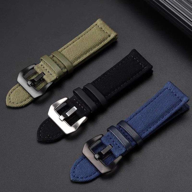 20MM/22MM/24MM Canvas+cowhide Strap For Panerai PAM111 441 for Breitling Hamilton watch Men's Nylon watchband Sport Wrist Band