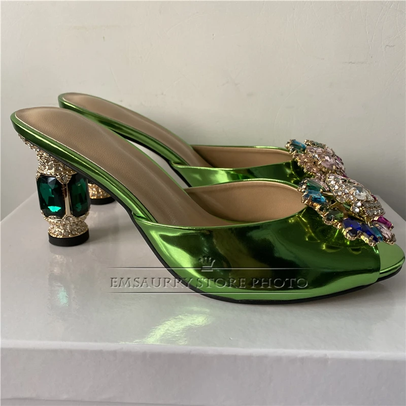 Colorful Rhinestone Buckle Decor Sandals Women Luxury Patent Leather Slingbacks Diamond Heel Summer Shoes For Girls