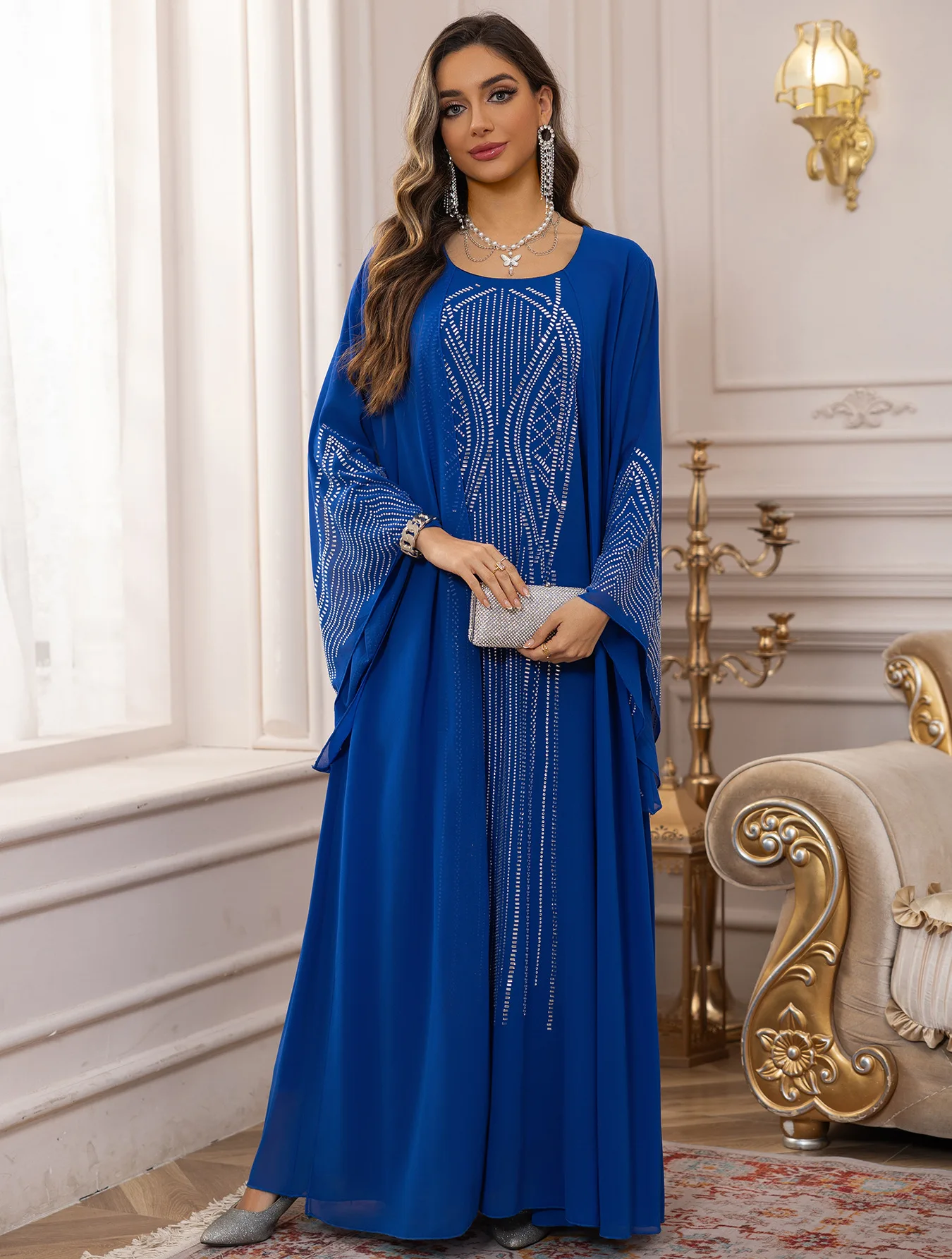 

Dubai Women's Robe Middle Eastern Luxurious Diamonds Muslim Evening Dresses Arabic Abaya Long Sleeves Party Gowns