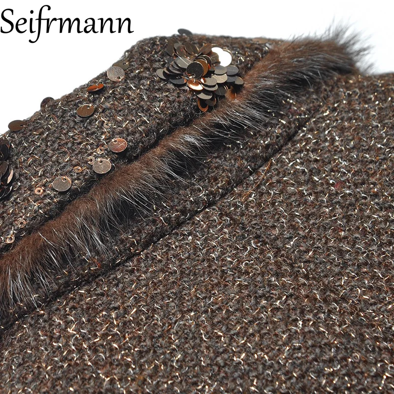 Seifrmann 2026 ربيع المرأة الجديدة المألوف طوق كم طويل بريق صف مزدوج مشبك الخصر كليب القطن معطف سميك