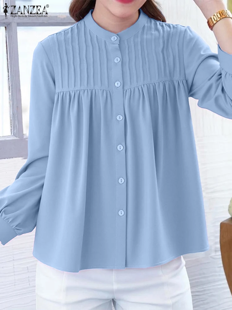 ZANZEA Vintage Blusas Frauen Shirts Solide Plissee Tops Herbst Langarm O Neck Tuniken 2025, Tasten Beiläufige Lose Strickjacken