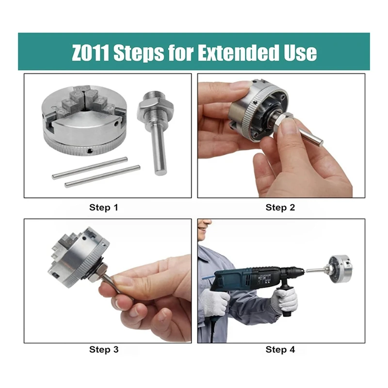 4 Jaw Lathe Chuck, Zinc Alloy Self-Centering Lathe Chuck Set Silver Metal With Wrench And Connecting Rod,For Woodworking Lathes