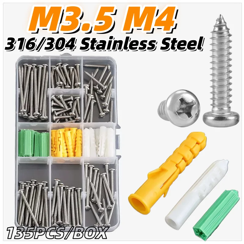 135PCS/BOX M3.5 M4 316/304 Stainless Steel Phillips Cross Round Head Self Screws Assortment Kit Fastener Set Self Wood Screw Set