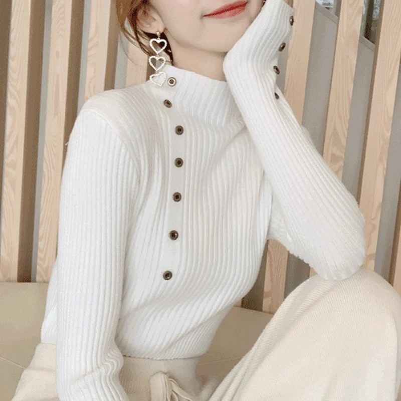 Autumn Winter New Button Slim Knitting Bottoming Shirt Long Sleeve Solid Color All-match Sweaters Elegant Vintage Women Clothing