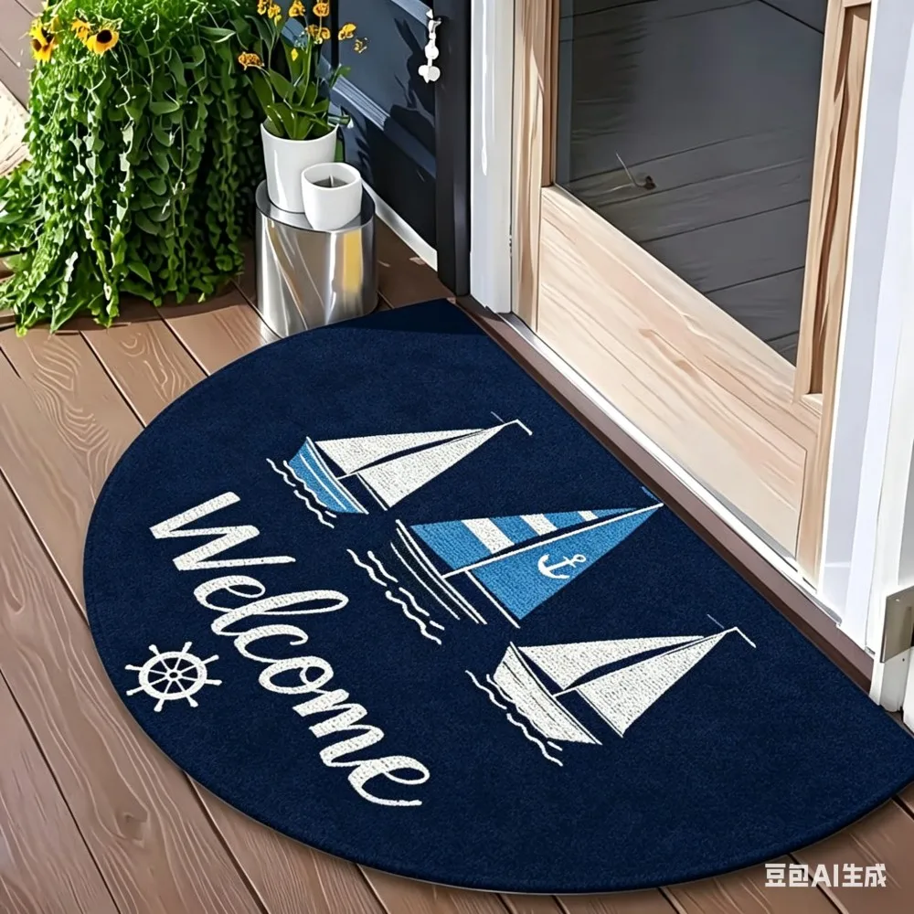 Marine Style Half Round Door Mat Semicircle Entrance Rug Anti Slip Front Door Mat Half Moon Welcome Rug Sailboat Floor Mat
