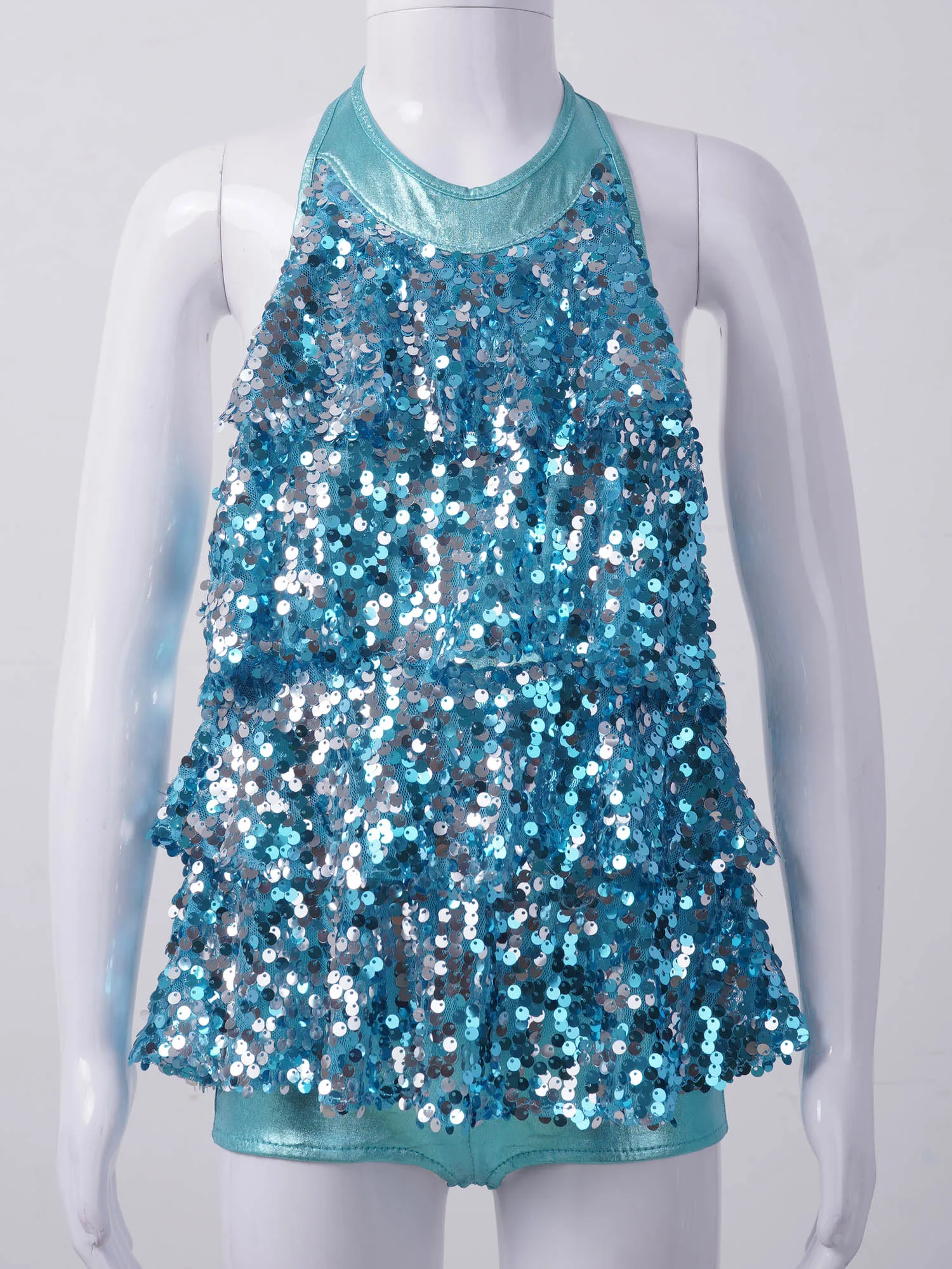 Children Girls Jazz Latin Dance Bodysuit Sleeveless Shiny Sequin Leotard Dress for Ballet Gymnastics Skating Cha-cha Performance