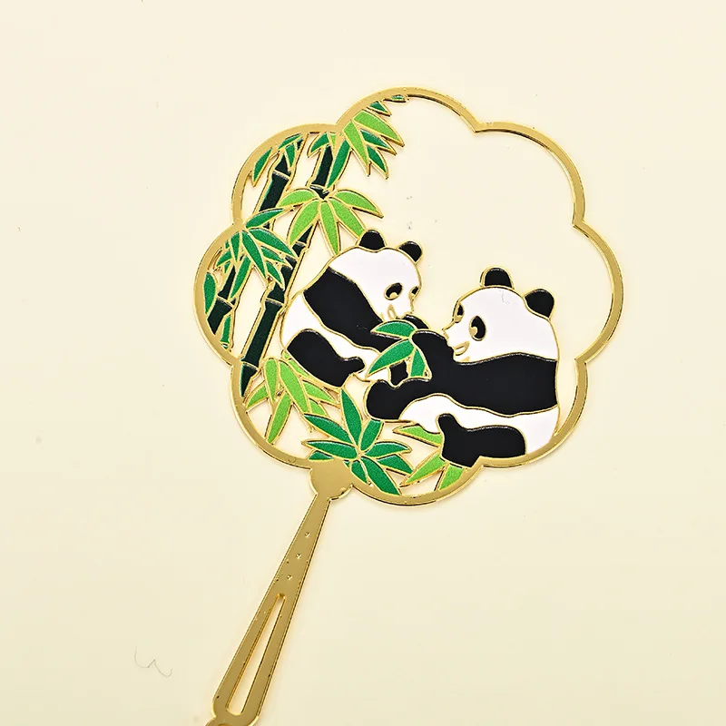 Brass metal bookmark, panda fan, hollowed out bookmark, ancient style cultural and creative art gift